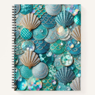 Teal Mermaid Scales And Seashells Notebook