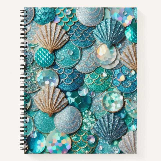 Teal Mermaid Scales And Seashells Notebook (Front)
