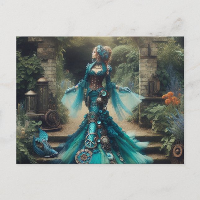 Teal Mermaid Steampunk Vintage Victorian Lady Postcard (Front)