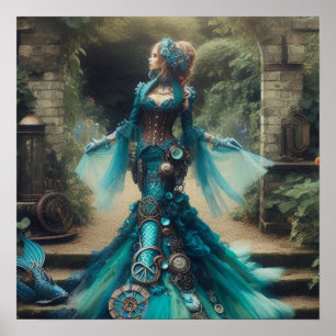 Teal Mermaid Steampunk Vintage Victorian Lady Poster