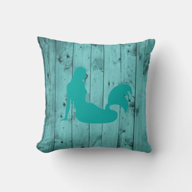 Teal Mermaid Turquoise Beach Driftwood Rustic Wood Cushion (Front)