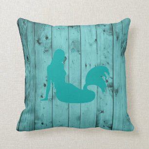Teal Mermaid Turquoise Beach Driftwood Rustic Wood Cushion