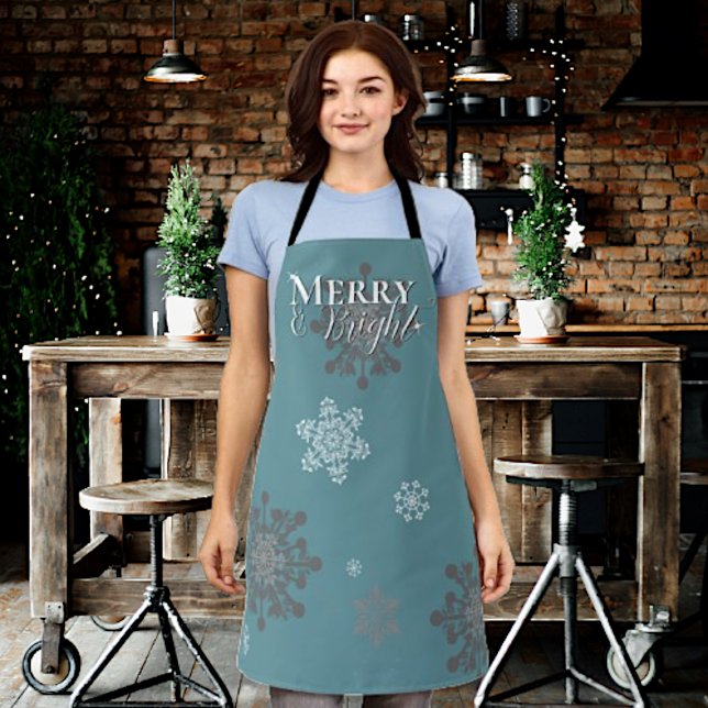 Teal Merry and Bright Snowflakes Christmas Apron (Teal Merry and Bright Snowflakes Christmas Apron)
