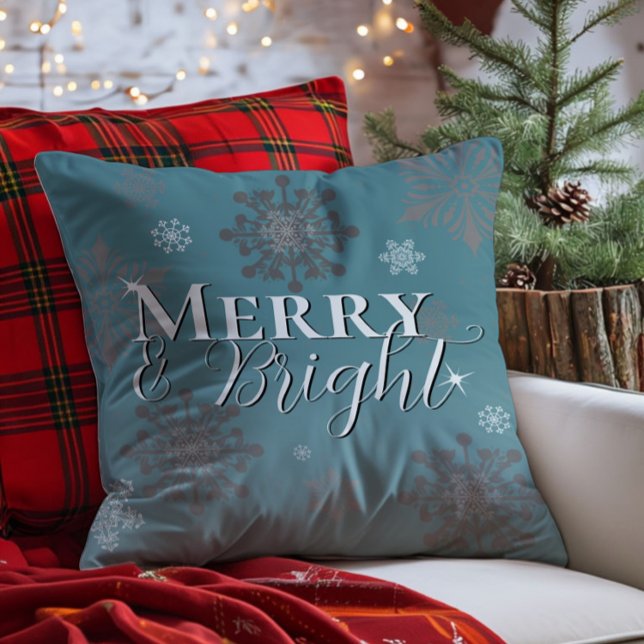 Teal Merry and Bright Snowflakes Christmas Cushion (Teal Merry and Bright Snowflakes Christmas Throw Pillow)