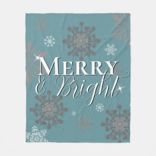 Teal Merry and Bright Snowflakes Christmas Fleece Blanket