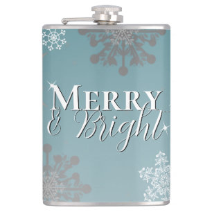 Teal Merry and Bright Snowflakes Christmas Hip Flask