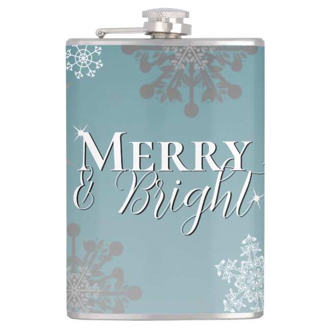 Teal Merry and Bright Snowflakes Christmas Hip Flask (Front)