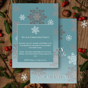 Teal Merry and Bright Snowflakes Christmas Party Invitation