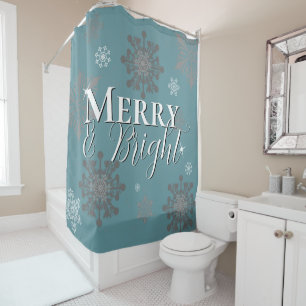 Teal Merry and Bright Snowflakes Christmas Shower Curtain