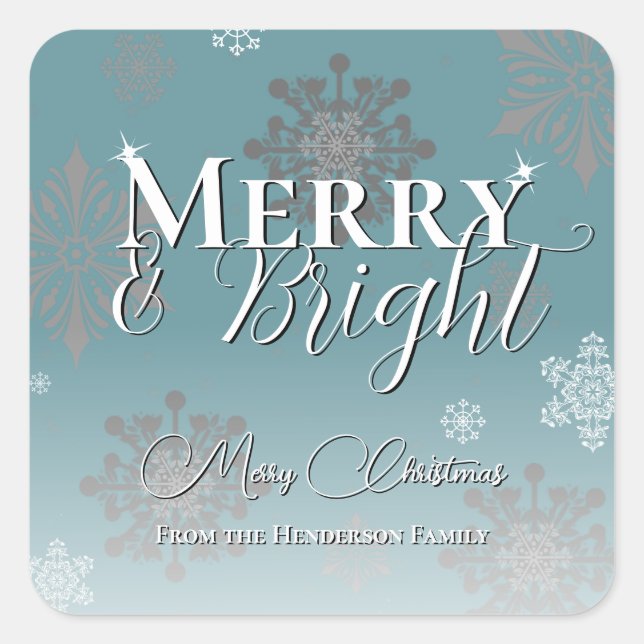 Teal Merry and Bright Snowflakes Christmas Square Sticker (Front)