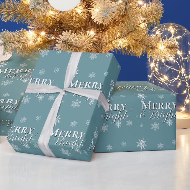 Teal Merry and Bright Snowflakes Christmas Wrapping Paper (Holidays)