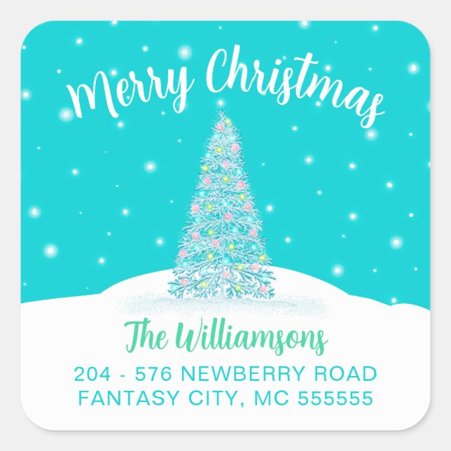 Teal Merry Christmas Tree Return Address Label (Front)