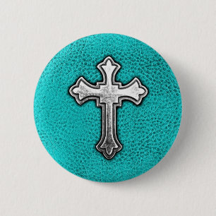 Teal Metal Cross 6 Cm Round Badge
