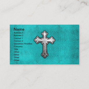 Teal Metal Cross Business Card