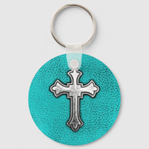 Teal Metal Cross Key Ring
