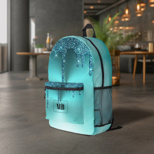 Teal Metallic Glitter Drip Monogrammed Printed Backpack