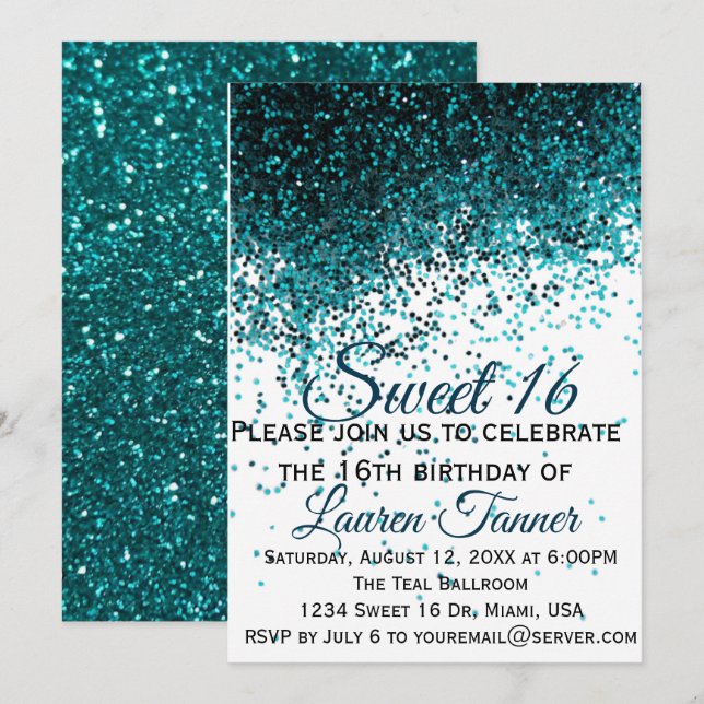 Teal metallic glitter sweet 16 invitation (Front/Back)