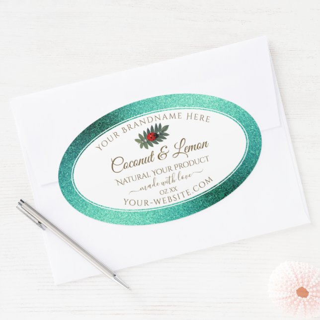Teal Metallic Glitter White Product Labels Ladybug (Envelope)
