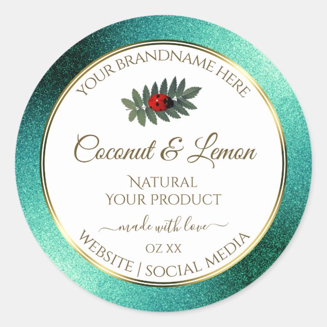 Teal Metallic Glitter White Product Labels Ladybug (Front)