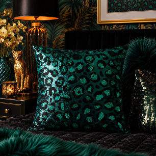 Teal Metallic Leopard Print Animal Pattern Cushion