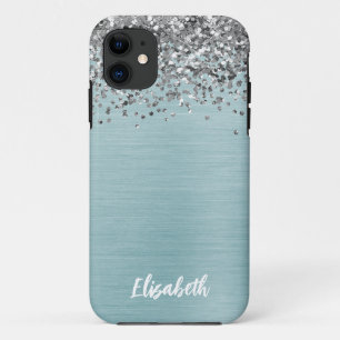 Teal Metallic Silver Glitter Girly Monogram Name iPhone 11 Case