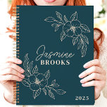 Teal Minimalist Floral 2025 Custom Name Planner<br><div class="desc">Stay organised and inspired with this elegant planner featuring a minimalist floral design on a sophisticated teal background. Personalise it with your name for a unique and stylish touch. This planner is perfect for keeping track of appointments, to-dos, and all your important dates throughout 2025. With its calming design and...</div>