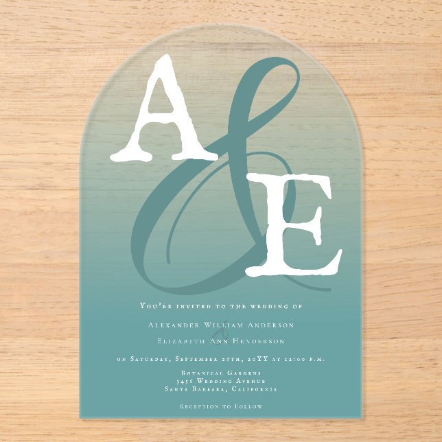 Teal Minimalist Monogram Wedding Acrylic Invitations (Front)