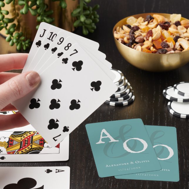 Teal Minimalist Monogram Wedding Favour Playing Cards (In Situ)