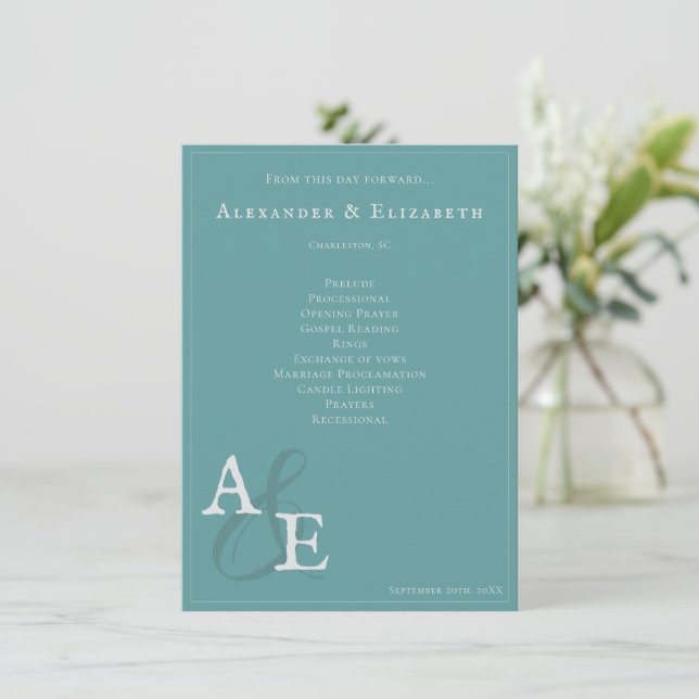 Teal Minimalist Monogram Wedding Program (Standing Front)