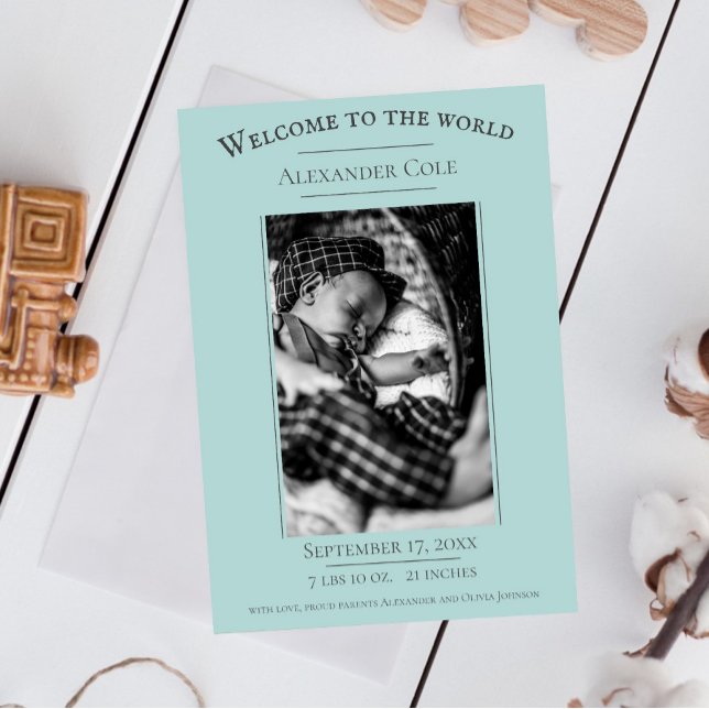 Teal Minimalist Photo Birth Announcement (Teal Minimalist Photo Birth Announcement)