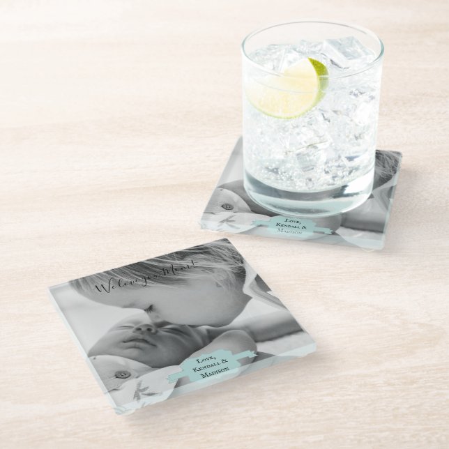 Teal Minimalist Photo Mother's Day Glass Coaster (Angled)