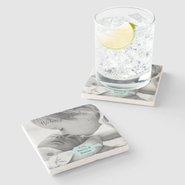 Teal Minimalist Photo Mother's Day Stone Coaster (Side)