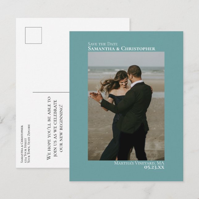 Teal Minimalist Simple Wedding Photo Save The Date Announcement Postcard (Front/Back)