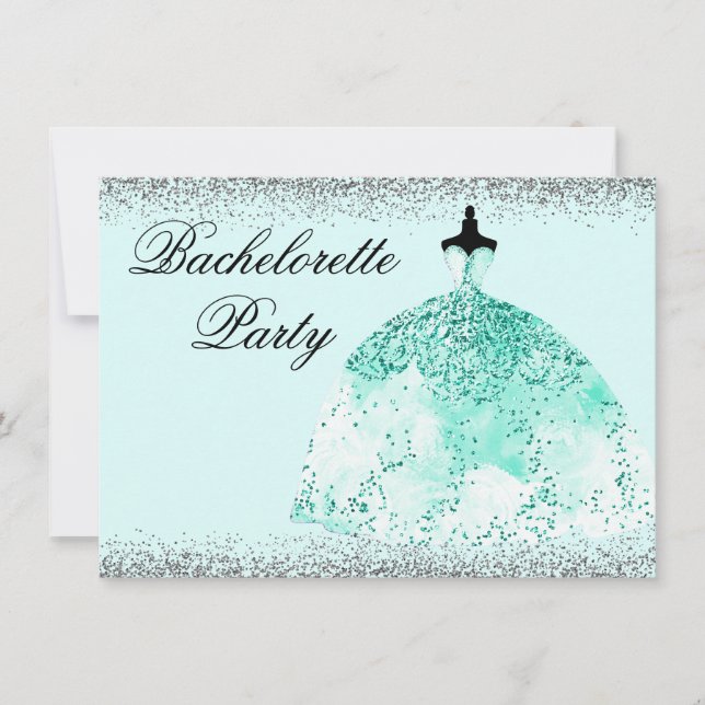 Teal Mint Dress Glitter Bachelorette Party Invite (Front)