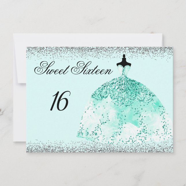 Teal Mint Glitter Confetti Sweet 16 invitation (Front)
