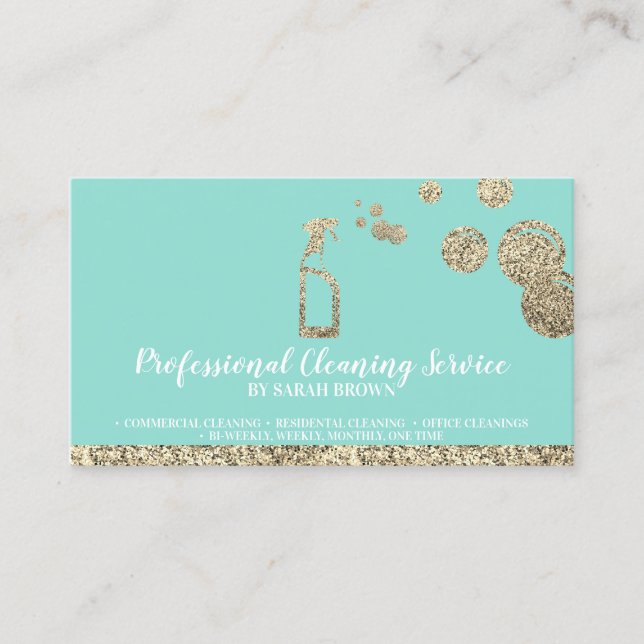 Teal Mint Gold Sparkle Cleaning Maid Janitorial Business Card (Front)