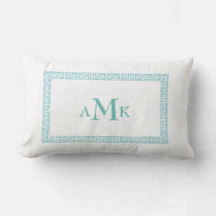 Teal Mint Greek Key  Monogrammed Lumbar Pillow