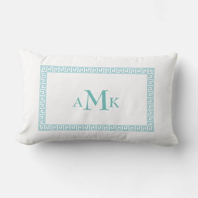 Teal Mint Greek Key  Monogrammed Lumbar Pillow (Front)