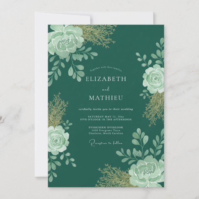 Teal Mint Leafy Wedding Invitation (Front)