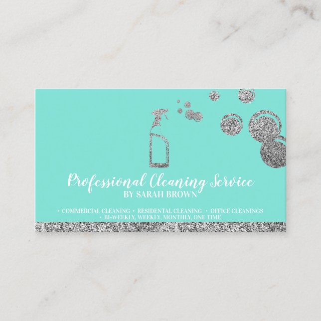 Teal Mint Silver Sparkle Cleaning Maid Janitorial Business Card (Front)