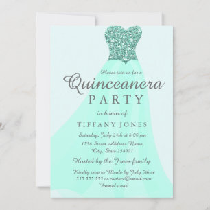 Teal Mint Sparkling Glitter Gown Quinceanera Party Invitation