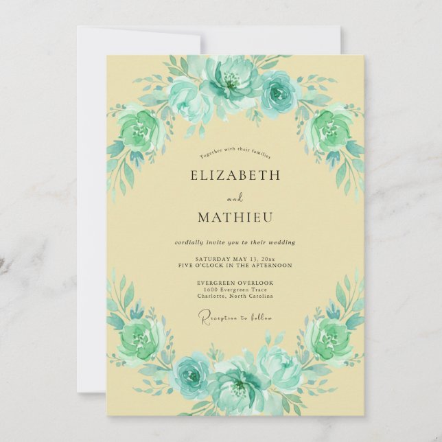 Teal Mint Watercolor Botanical Wedding Invitation (Front)