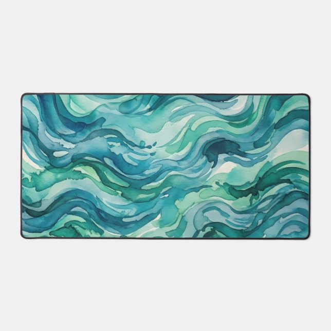 Teal Mint Watercolor Ocean Waves Desk Mat (Front)