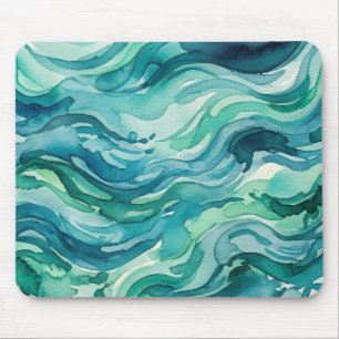 Teal Mint Watercolor Ocean Waves Mouse Mat