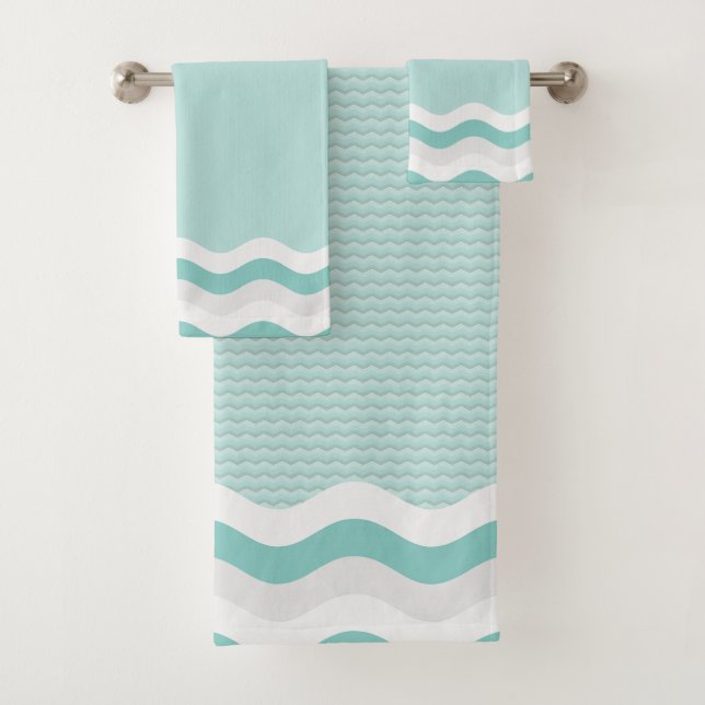 Teal Mint Wavy Stripes Seamless Pattern Bath Towel Set (Insitu)