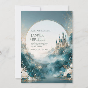 Teal Mist Celestial Castle Garden Wedding Invitation