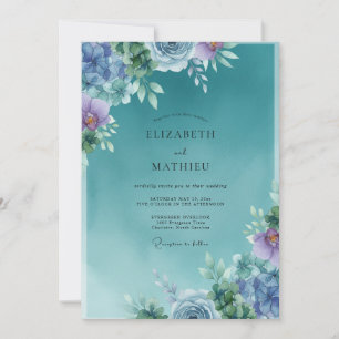Teal Misty Floral Bloom Wedding Invitation