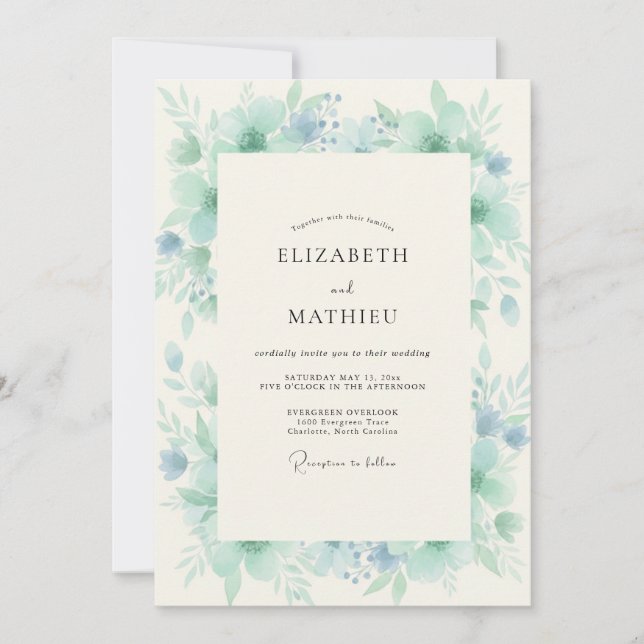 Teal Misty Watercolor Wedding Invitation (Front)