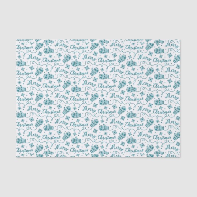 Teal Mittens and Snowflake Christmas Pattern Tissue Paper (Front)