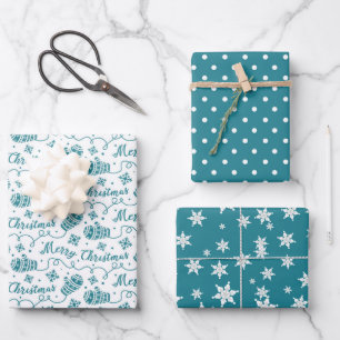 Teal Mittens and Snowflake Christmas Pattern Wrapping Paper Sheet
